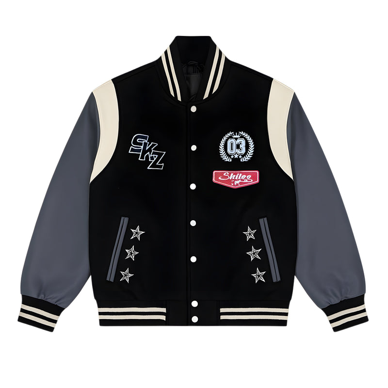 Black and gray varsity jacket with SKZ logos  and number 03 logo on the left chest on a white background