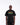 Person wearing a black t-shirt with colorful text and black pants with visible branding on a white background