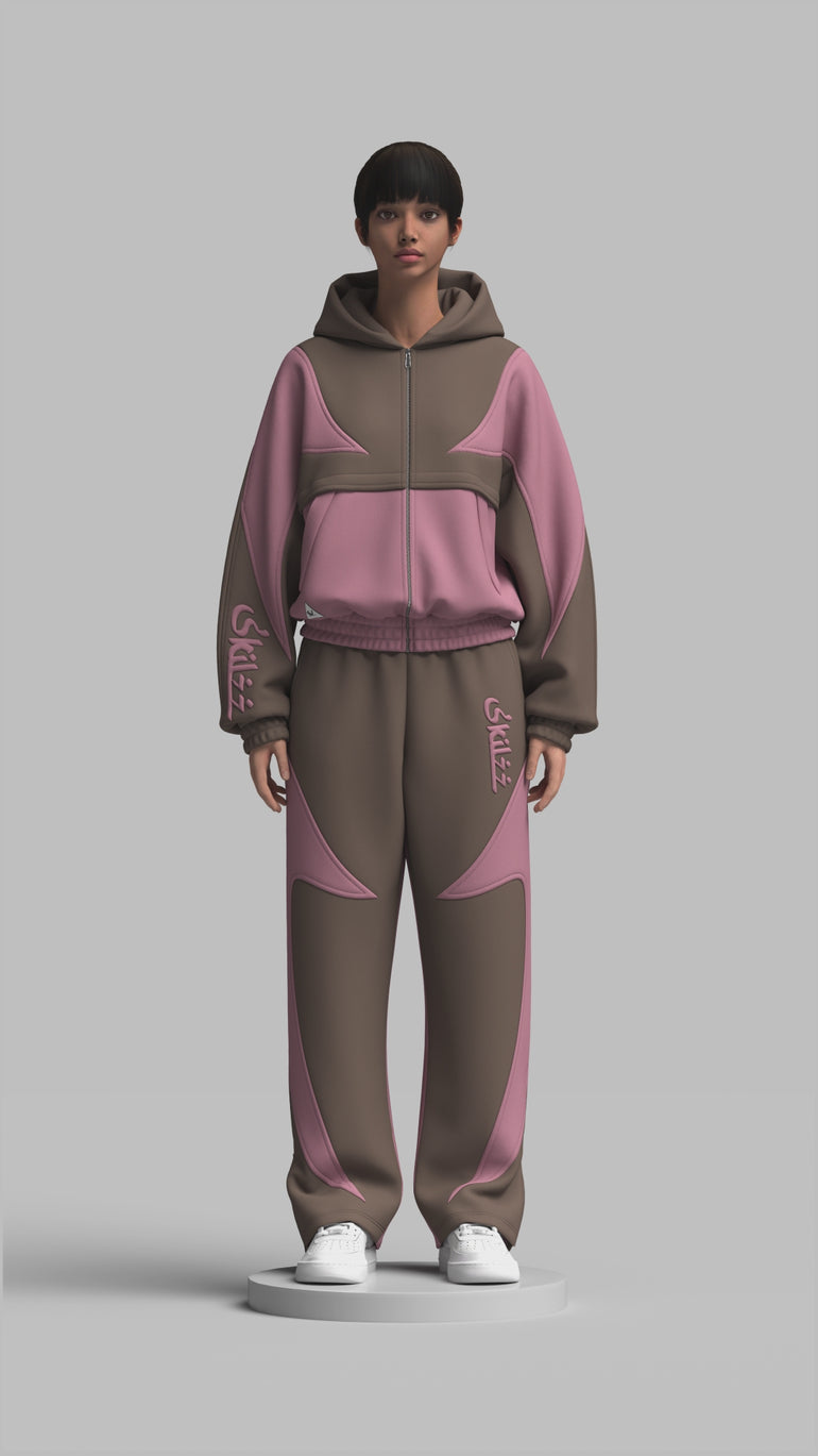 pink and brow jump suit on a lady